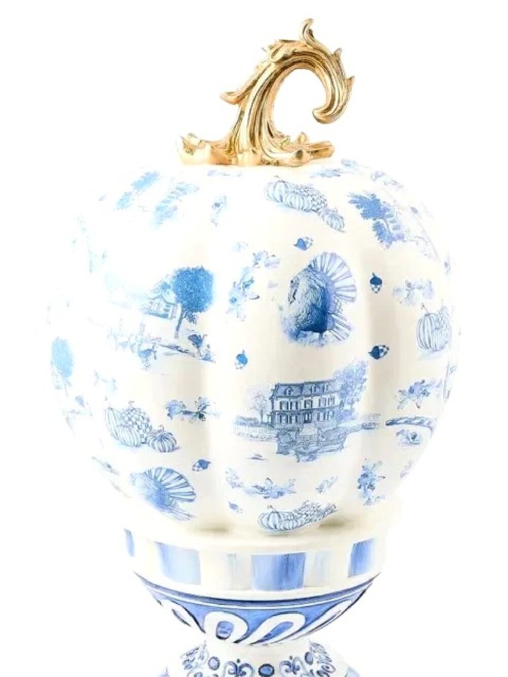 MacKenzie-Childs Harvest Royal Autumn Toile TALL Pedestal Pumpkin Décor #35509-1